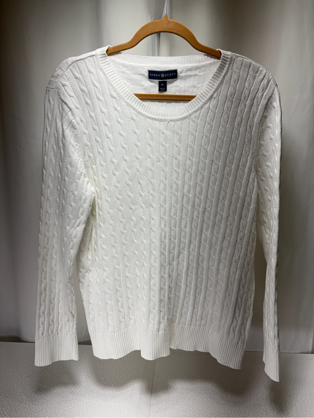 Karen Scott Cream Cable-Knit Crewneck Sweater 4426